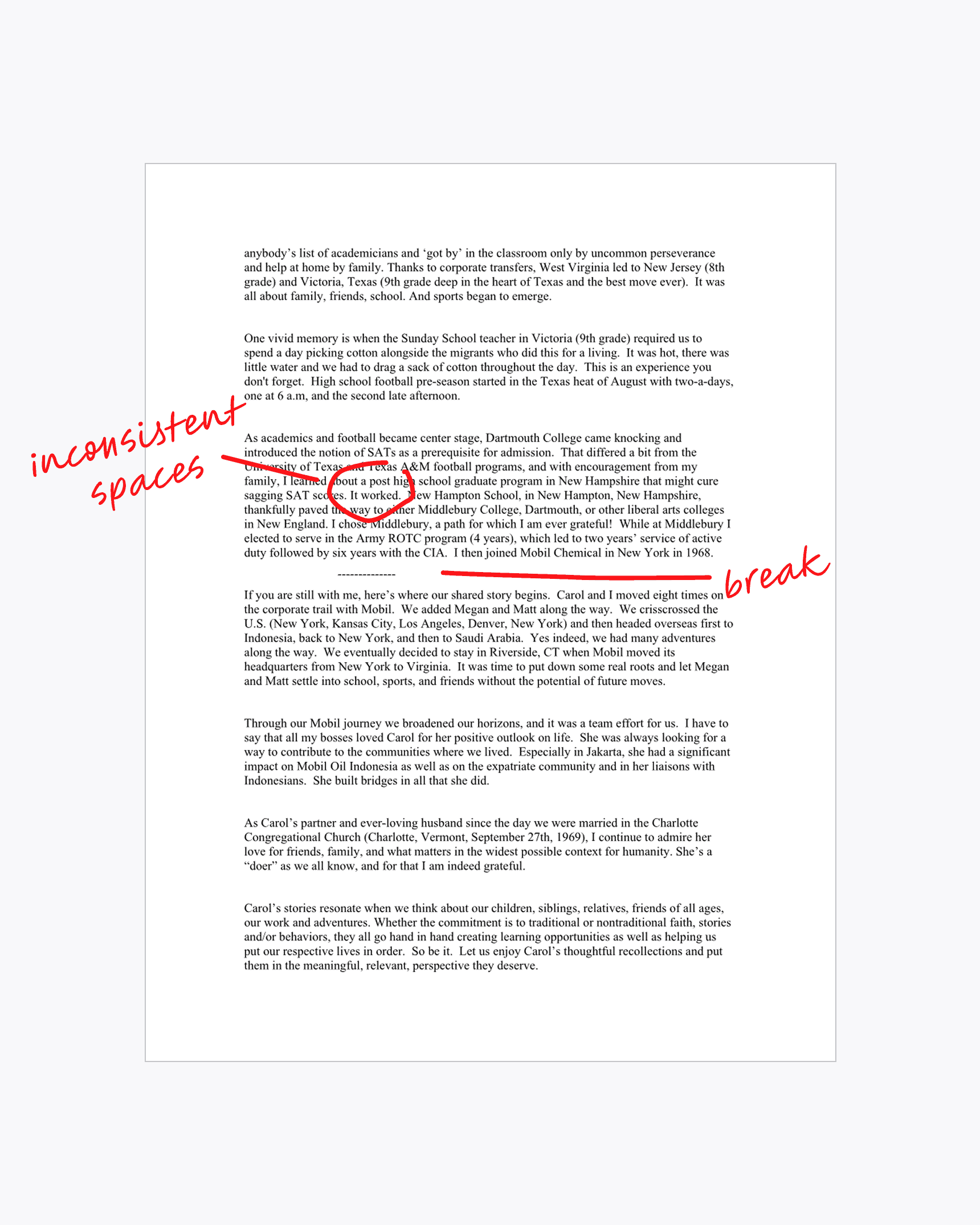 Carol's manuscript with notes: inconsistent spaces, break